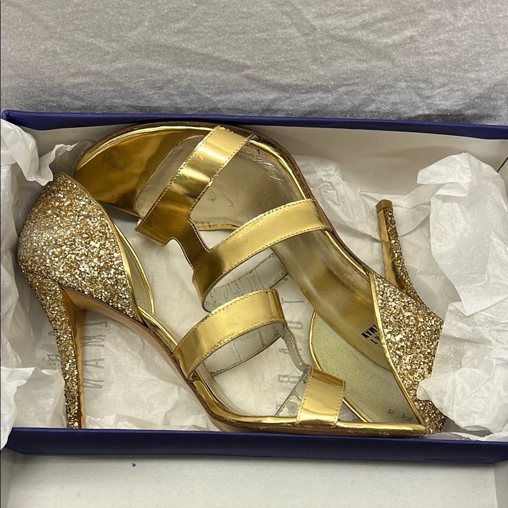 Stuart Weitzman Gold Stiletto Heels with Metallic Straps